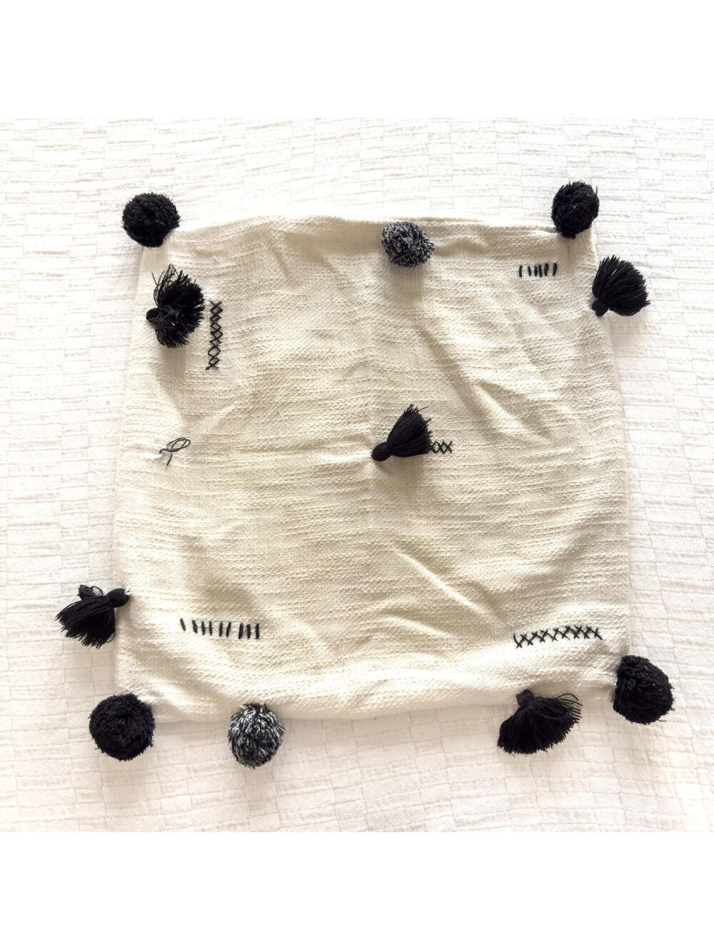 IKEA Cream Black Pom Pom Cotton Square Cushion Cover 20x20